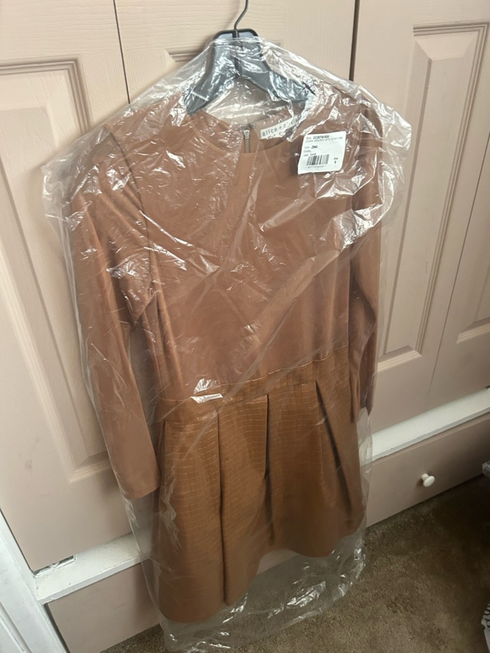 Alice + Olivia Camel Brown Pleated Waist Long-Sleeve Dress
